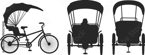 Rickshaw silhouette three wheeled vehicle illustration, passenger transport front side views urban mobility concept, cad drawing flat vector illustration design