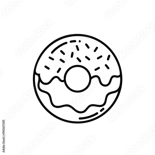 A simple black line drawing of a frosted donut with sprinkles
