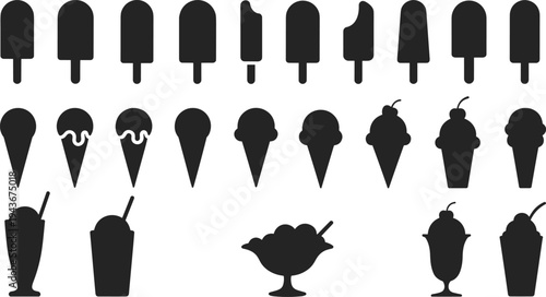 Silhouette icons of frozen desserts, popsicles, ice cream cones, sundaes, milkshakes, sweet treats collection, food illustration, dessert design inspiration