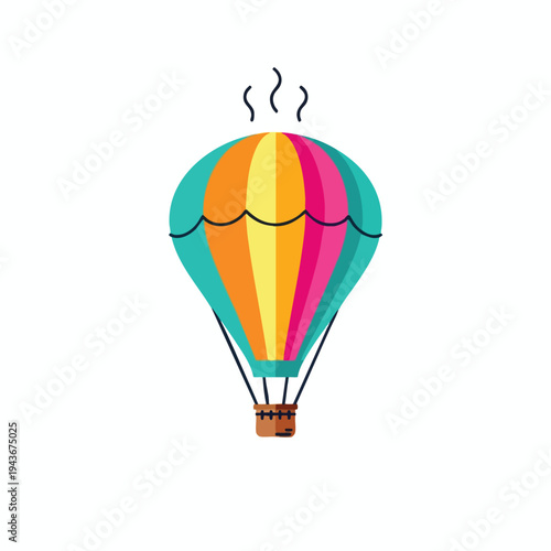 A colorful hot air balloon with a basket and rising heat