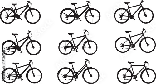 set of bicycle silhouettes black vector isolated on white background