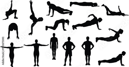 Silhouette illustration of fitness exercises, push‑ups, planks, stretches, standing poses, workout training concept, bodyweight exercise design inspiration