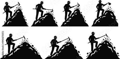Silhouette illustration of miner breaking rocks, pickaxe and shovel labor, mountain excavation sequence, persistence concept, hard work inspiration design