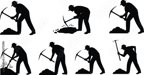 Silhouette illustration of worker using pickaxe, mining activity, excavation labor, manual work posture, persistence concept, effort symbol, industry design inspirationSilhouette illustration 