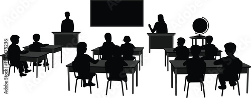 Traditional classroom silhouette with students at desks, teachers presenting at blackboard, educational environment, globe, cad drawing flat vector illustration