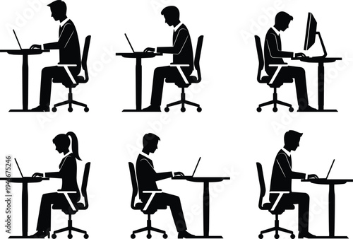 Silhouette of office professionals working at desks with computers, business posture, teamwork concept, cad drawing flat vector illustration