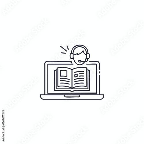 Digital learning with headset and open book on laptop screen