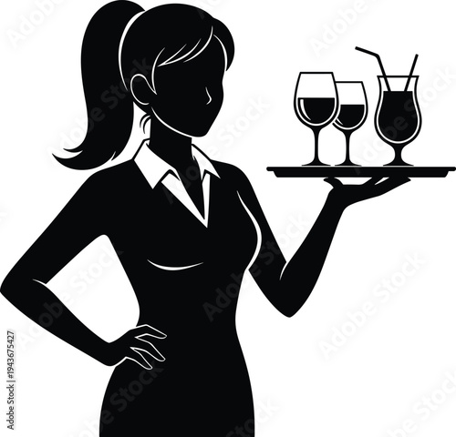 Silhouette of waitress holding tray with drinks, hospitality service concept, restaurant staff posture, cad drawing flat vector illustration