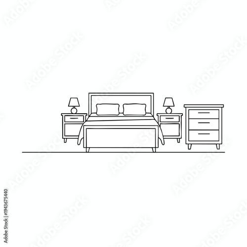 Minimalist line drawing of a bedroom setup with a bed, two nightstands, and a dresser