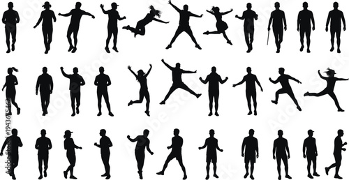Active people silhouettes – jumping, dancing, running, walking, and casual movement poses of men and women in vector collection
