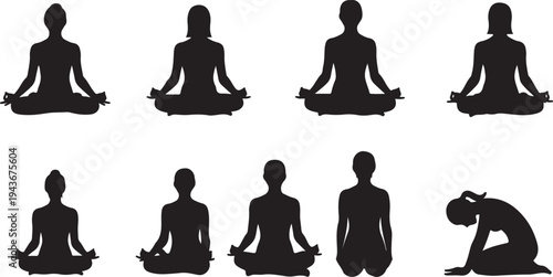 set of meditation pose silhouettes black vector isolated on white background