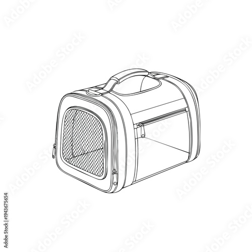 Black line drawing of a pet carrier with mesh window and zipper closures
