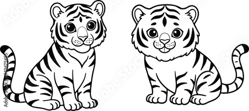 Cute baby tiger cartoon vector set – sitting tiger cubs black and white outline, adorable wild animal coloring page