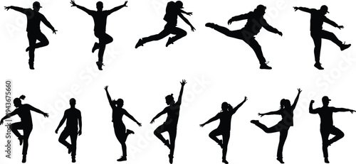 Dancing and jumping people silhouettes – expressive dance poses, energetic street moves, hip-hop jumps, and balance stances in vector format