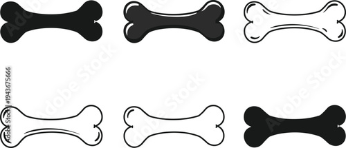 Dog bone icons set – black and white cartoon style bone shapes, outlined and filled dog treat vector illustrations
