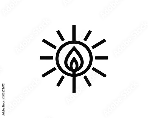 Candle Flame Logo with Sun Rays Simple Line Art Symbol Concept of Light and Energy