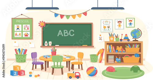 Colorful Preschool Classroom Interior with Chalkboard ABC Letters, Kids Furniture, Educational Toys, Bookshelf, Posters, and Learning Decorations for Early Childhood Education