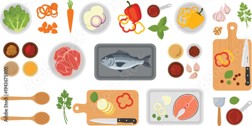 Healthy Cooking Ingredients and Food Preparation Vector Set with Fish, Meat, Salmon, Vegetables, Spices, Cutting Boards, and Kitchen Utensils Illustration Collection