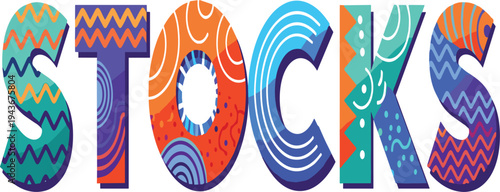 Colorful Stocks Typography Design with Decorative Abstract Patterns Representing Stock Market Trading, Investment Concept, and Modern Financial Branding Vector Illustration