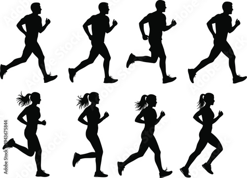 Set of running people silhouettes collection men and women jogging marathon race sport background cad drawing flat vector illustration
