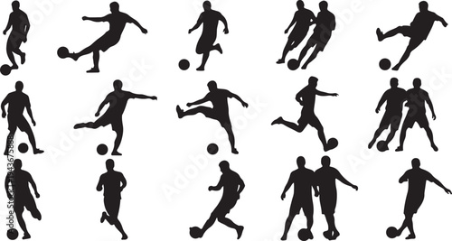 set of soccer player silhouettes black vector isolated on white background