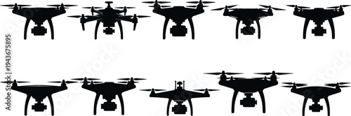 Set of ten drone and quadcopter silhouettes with cameras, representing aerial photography, technology, surveillance, delivery, unmanned