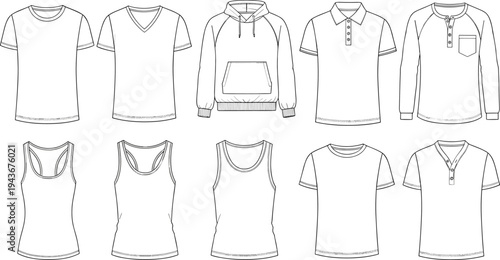 Shirt and top technical sketch set, crew neck, V-neck, hoodie, polo, tank, fashion CAD, cad drawing flat vector illustration