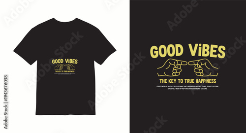 Good vibes t-shirt design with pointing fingers and positive message