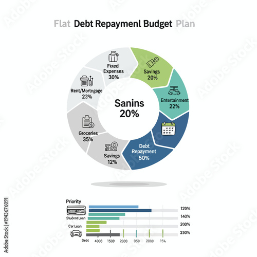 Pie chart and bar graph illustrating debt repayment priorities and budget allocation