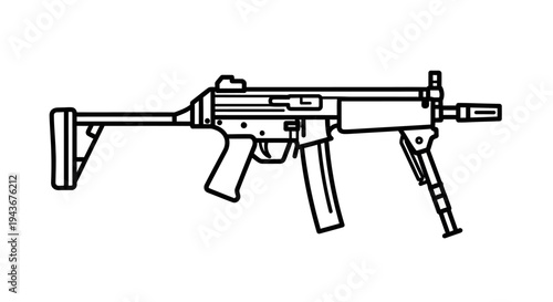 Line Art Icon of a Submachine Gun with Bipod and Collapsible Stock