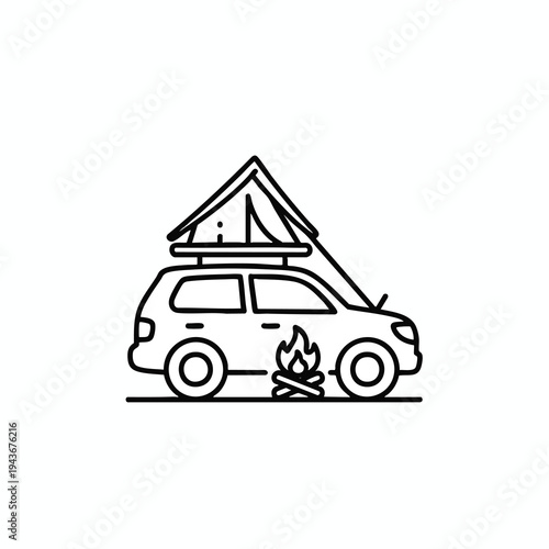 Camping vehicle with a roof tent and campfire at its side