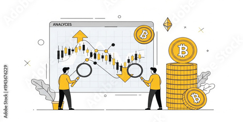 Cryptocurrency Market Analysis with Bitcoin Coins and Traders Examining Candlestick Chart for Digital Asset Investment Strategy