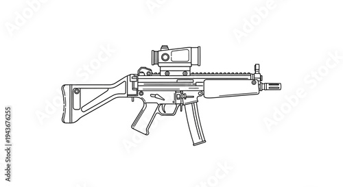 Line Art Illustration of a Modern Submachine Gun with Red Dot Sight