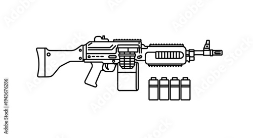 Line Art Machine Gun with Ammunition Box and Magazines, Military Weapon Illustration