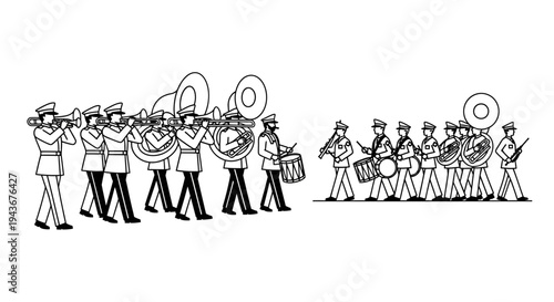Marching Band Parade Performance with Brass Instruments and Drums