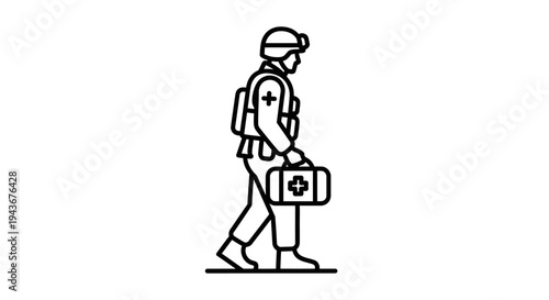 Medic Soldier Walking with First Aid Kit, Military Medical Support Icon
