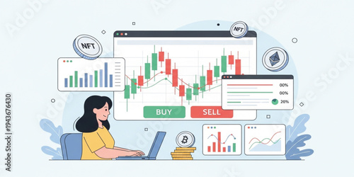 Cryptocurrency Trading Dashboard with Buy and Sell Buttons NFT Ethereum Bitcoin Charts and Female Investor Analyzing Digital Asset Market