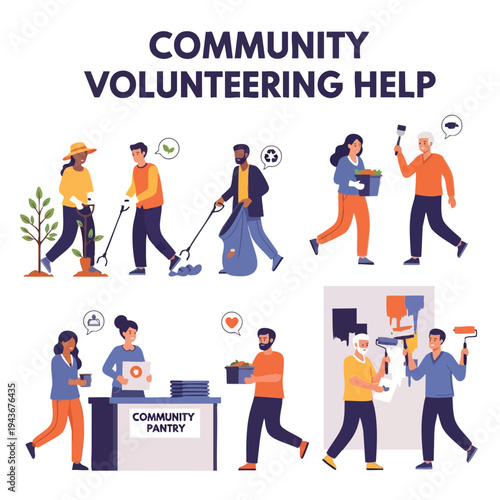 Diverse people engaged in community service planting, cleaning, painting, and food pantry support