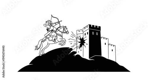 Medieval Archer on Horseback Attacks Castle with Bow and Arrow