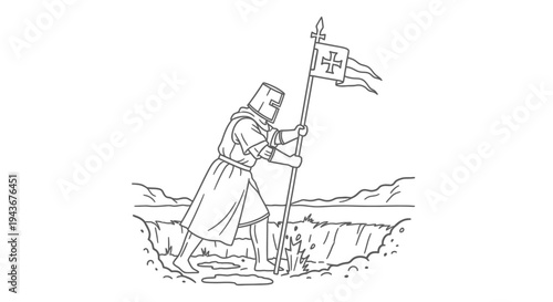 Medieval Knight Planting Flag on Cliff Edge, Symbol of Conquest and Discovery