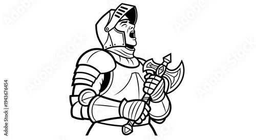 Medieval Knight Warrior with Axe, Roaring in Battle