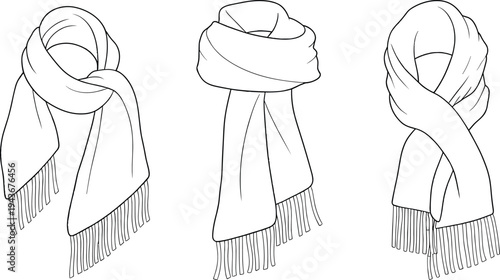 Set of winter scarves in different tying styles, hand drawn outline fashion accessory illustration, warm knitted scarf collection, minimalist line art clothing design