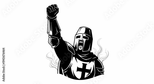 Medieval Knight Warrior Raising Fist in Victory, Crusader with Cross Emblem, Black and White Illustration