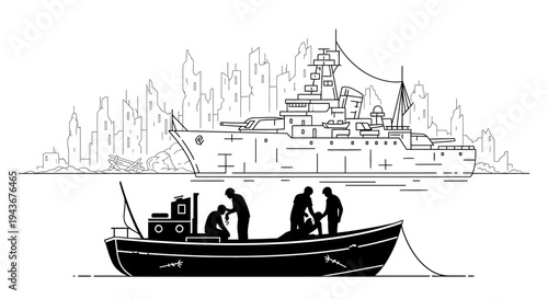 Migrant Rescue at Sea: Small Boat Aided by Naval Ship Near City Skyline