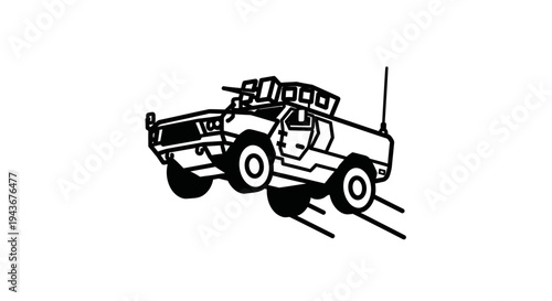 Military Armored Vehicle Jumping Off-Road, Action, Speed, Dynamic Movement, Black and White Line Art