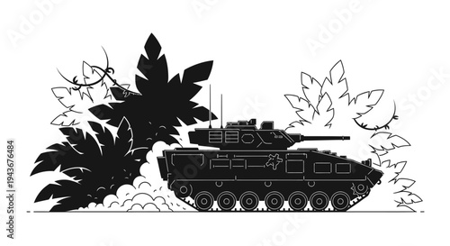 Military Armored Vehicle Moving Through Dense Vegetation
