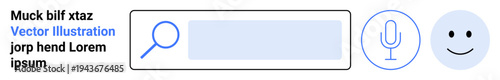 Web development, user interface design, search functionality, voice input, online navigation, UX. Search bar with microphone and happy icon for digital interaction. User interface and voice input