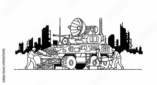 Military Armored Vehicle with Satellite Dish and Soldiers Loading Supplies in Ruined City