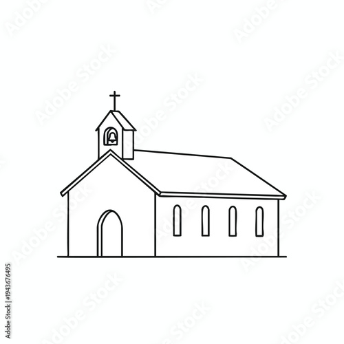 Simple line drawing of a church with bell tower and cross