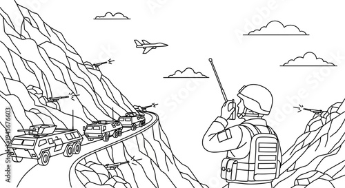 Military convoy on mountain road with soldier communicating via radio and aircraft overhead.